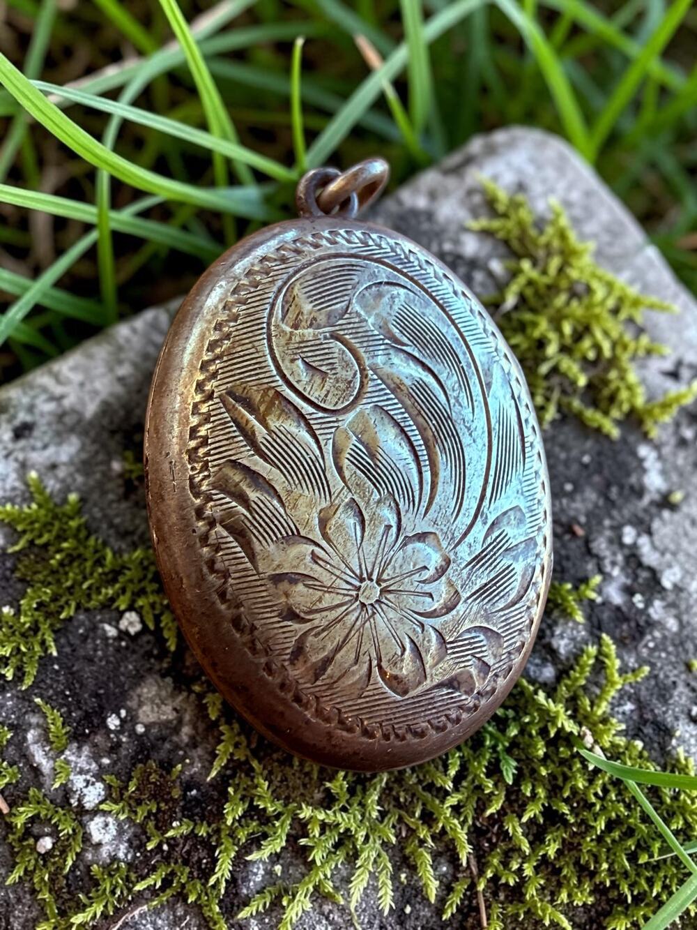 Vintage Sterling Silver Floral Engraved Oval Birks Locket Pendant Hand-Engraved